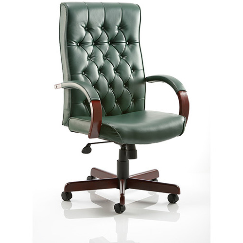 Chesterfield Traditional Executive Office Chair - Green Leather Seat & Back - Fixed Wooden Padded Arms - Wooden 5 Star Castor Base - Weight Tolerance: 110Kg