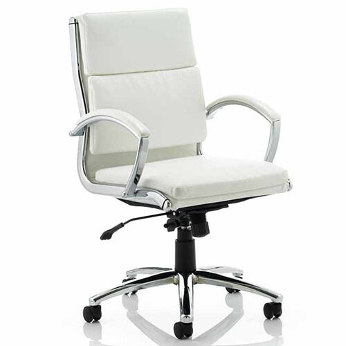 Classic Executive Office Chair - Medium Back - White Seat & Back - Fixed Padded Arms - Chrome Base & Accents 