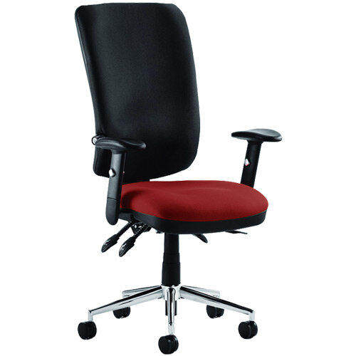 Chiro High Back Black Task Operator Chair With Bespoke Ginsaeng Chilli Colour Seat & Height Adjustable Arms 24/7 Task Usage, Adjustable pump up lumbar, Height Adjustable Back Rest, 3 Lever Mechanism, Gas lift tested up to 150kg