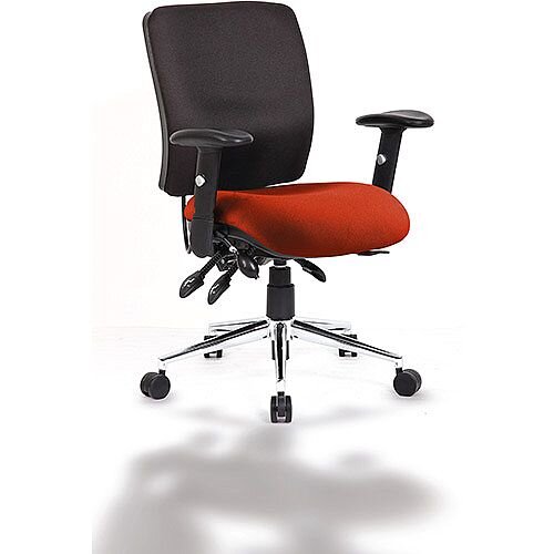 Chiro Medium Back Black Task Operator Chair With Bespoke Tabasco Orange Colour Seat & Height Adjustable Arms 24/7 Task Usage, Adjustable pump up lumbar, Height Adjustable Back Rest, 3 Lever Mechanism, Gas lift tested up to 150kg