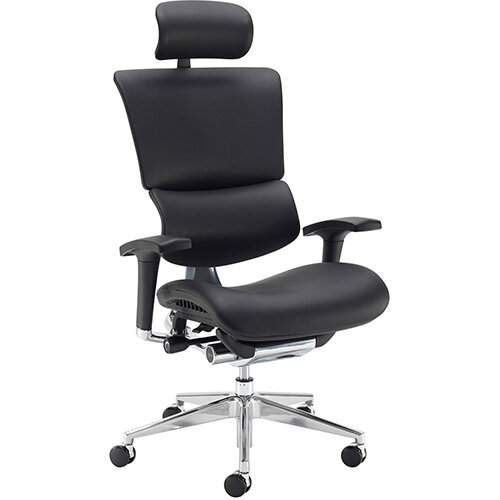 Dynamo Ergo leather posture chair with chrome base and head rest - black