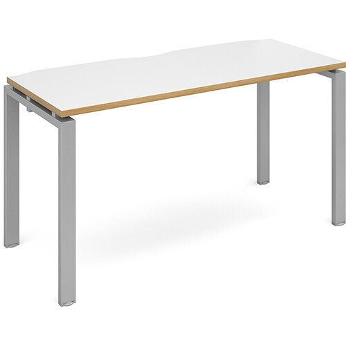 Adapt II single desk 1400mm x 600mm - silver frame, white top with oak edging