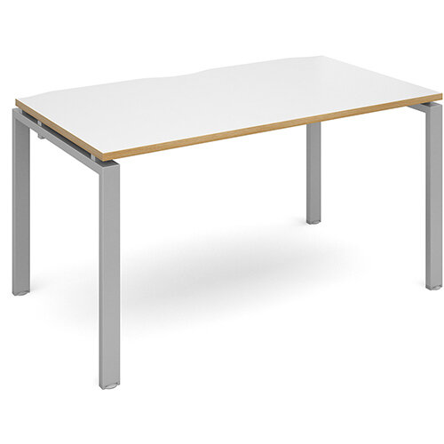 Adapt II single desk 1400mm x 800mm - silver frame, white top with oak edging