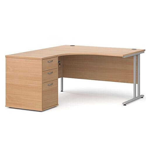 Maestro 25 SL left hand ergonomic desk 1400mm with silver cantilever frame and desk high pedestal - beech