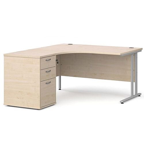 Maestro 25 SL left hand ergonomic desk 1400mm with silver cantilever frame and desk high pedestal - maple Maestro 25 SL left hand ergonomic desk 1400mm with silver cantilever frame and desk high pedestal - maple
