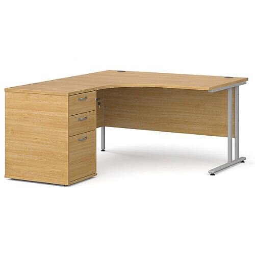Maestro 25 SL left hand ergonomic desk 1400mm with silver cantilever frame and desk high pedestal - oak Maestro 25 SL left hand ergonomic desk 1400mm with silver cantilever frame and desk high pedestal - oak