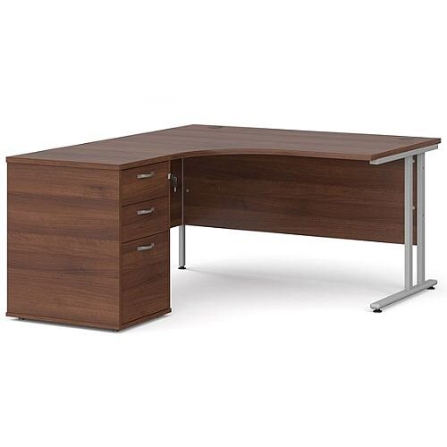 Maestro 25 SL left hand ergonomic desk 1400mm with silver cantilever frame and desk high pedestal - walnut Maestro 25 SL left hand ergonomic desk 1400mm with silver cantilever frame and desk high pedestal - walnut