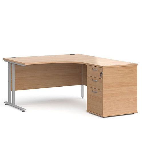 Maestro 25 SL right hand ergonomic desk 1400mm with silver cantilever frame and desk high pedestal - beech