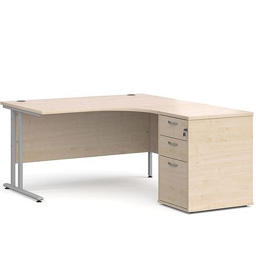 Maestro 25 SL right hand ergonomic desk 1400mm with silver cantilever frame and desk high pedestal - maple Maestro 25 SL right hand ergonomic desk 1400mm with silver cantilever frame and desk high pedestal - maple