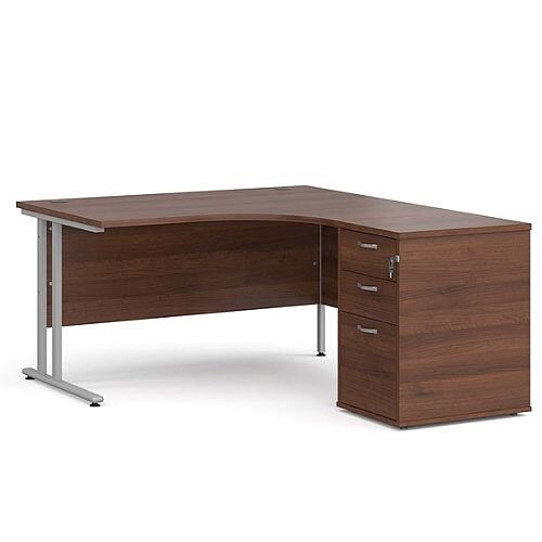 Maestro 25 SL right hand ergonomic desk 1400mm with silver cantilever frame and desk high pedestal - walnut