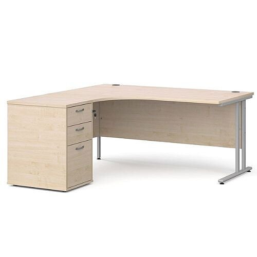 Maestro 25 SL left hand ergonomic desk 1600mm with silver cantilever frame and desk high pedestal - maple Maestro 25 SL left hand ergonomic desk 1600mm with silver cantilever frame and desk high pedestal - maple