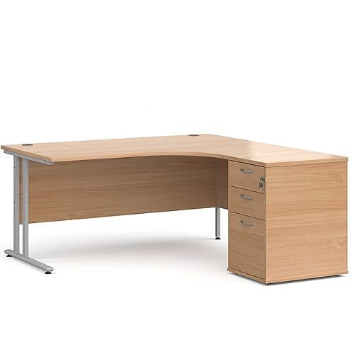 Maestro 25 SL right hand ergonomic desk 1600mm with silver cantilever frame and desk high pedestal - beech