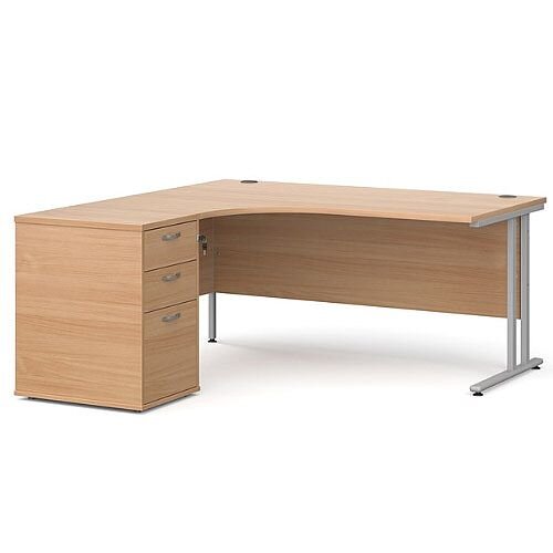 Maestro 25 SL left hand ergonomic desk 1800mm with silver cantilever frame and desk high pedestal - beech