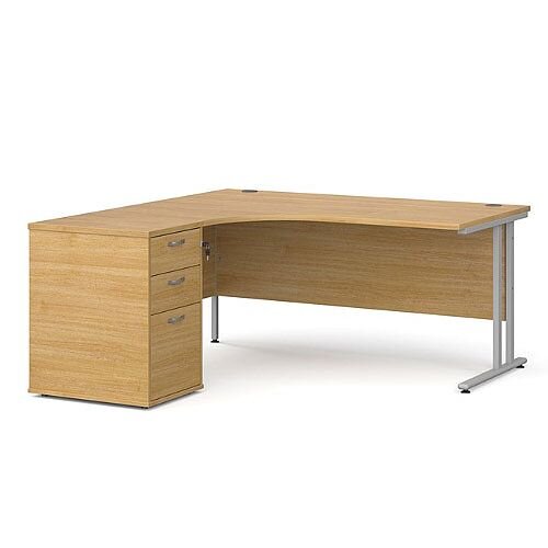 Maestro 25 SL left hand ergonomic desk 1800mm with silver cantilever frame and desk high pedestal - oak