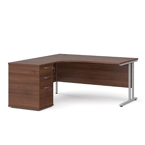 Maestro 25 SL left hand ergonomic desk 1800mm with silver cantilever frame and desk high pedestal - walnut