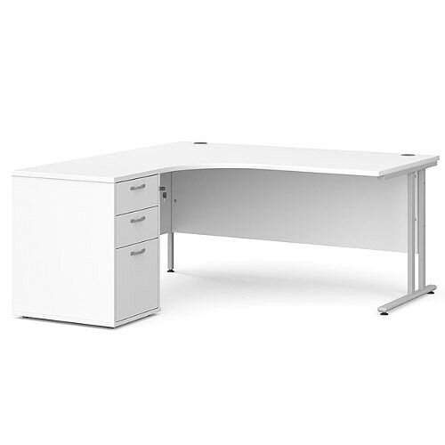 Maestro 25 SL left hand ergonomic desk 1800mm with silver cantilever frame and desk high pedestal - white