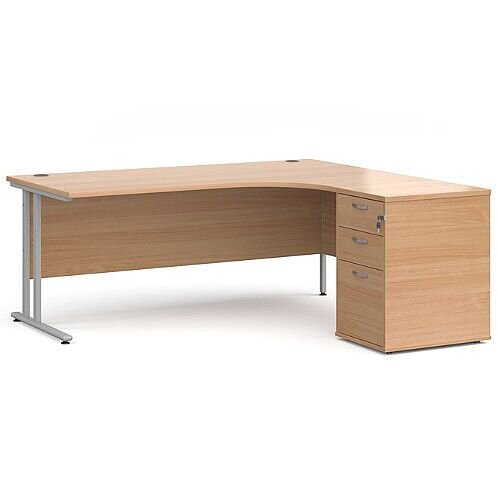 Maestro 25 SL right hand ergonomic desk 1800mm with silver cantilever frame and desk high pedestal - beech