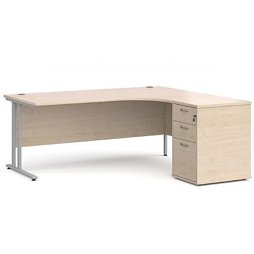 Maestro 25 SL right hand ergonomic desk 1800mm with silver cantilever frame and desk high pedestal - maple Maestro 25 SL right hand ergonomic desk 1800mm with silver cantilever frame and desk high pedestal - maple