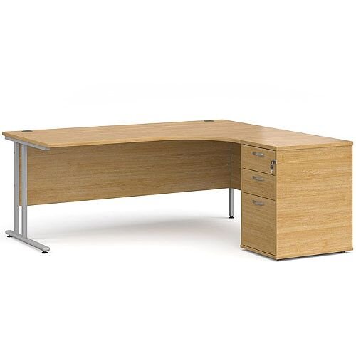 Maestro 25 SL right hand ergonomic desk 1800mm with silver cantilever frame and desk high pedestal - oak Maestro 25 SL right hand ergonomic desk 1800mm with silver cantilever frame and desk high pedestal - oak