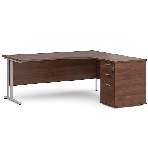 Maestro 25 SL right hand ergonomic desk 1800mm with silver cantilever frame and desk high pedestal - walnut