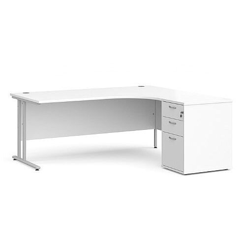 Maestro 25 SL right hand ergonomic desk 1800mm with silver cantilever frame and desk high pedestal - white