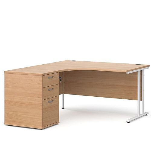 Maestro 25 WL left hand ergonomic desk 1400mm with white cantilever frame and desk high pedestal - beech