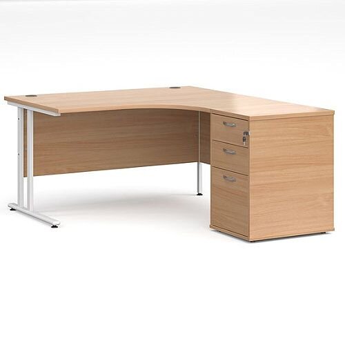 Maestro 25 WL right hand ergonomic desk 1400mm with white cantilever frame and desk high pedestal - beech