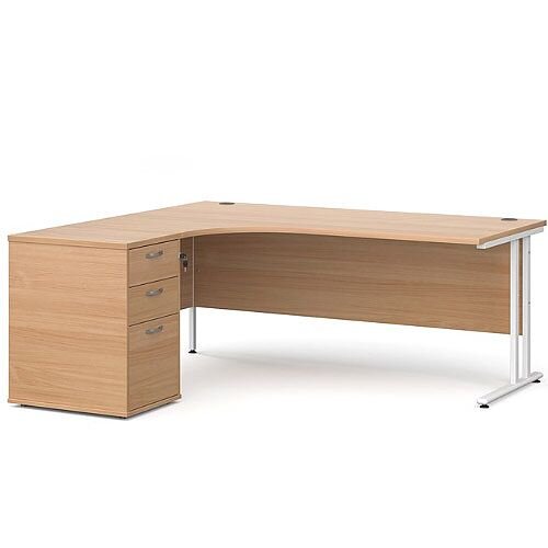 Maestro 25 WL left hand ergonomic desk 1800mm with white cantilever frame and desk high pedestal - beech