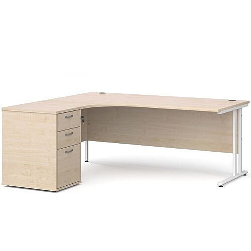 Maestro 25 WL left hand ergonomic desk 1800mm with white cantilever frame and desk high pedestal - maple Maestro 25 WL left hand ergonomic desk 1800mm with white cantilever frame and desk high pedestal - maple