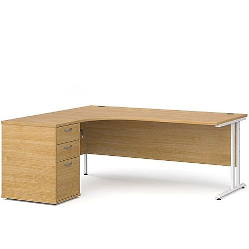 Maestro 25 WL left hand ergonomic desk 1800mm with white cantilever frame and desk high pedestal - oak