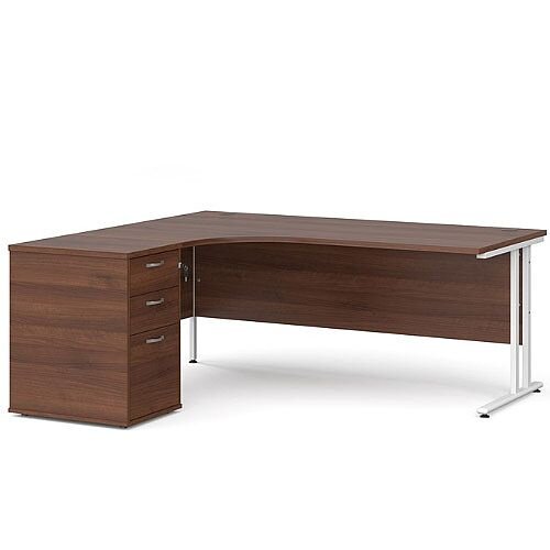 Maestro 25 WL left hand ergonomic desk 1800mm with white cantilever frame and desk high pedestal - walnut