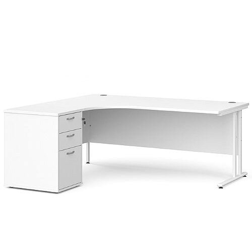 Maestro 25 WL left hand ergonomic desk 1800mm with white cantilever frame and desk high pedestal - white