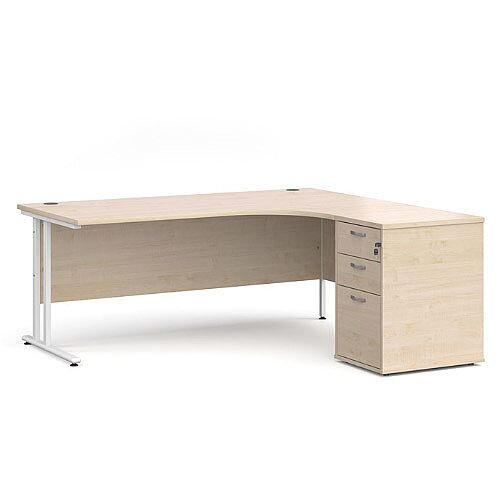 Maestro 25 WL right hand ergonomic desk 1800mm with white cantilever frame and desk high pedestal - maple Maestro 25 WL right hand ergonomic desk 1800mm with white cantilever frame and desk high pedestal - maple