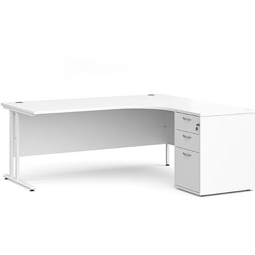 Maestro 25 WL right hand ergonomic desk 1800mm with white cantilever frame and desk high pedestal - white