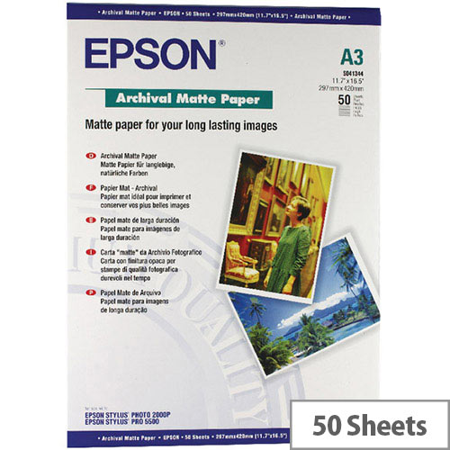 Epson Matte A3 Archival Inkjet Paper 192gsm (Pack of 50) C13S041344 Epson Matte A3 Archival Inkjet Paper 192gsm (Pack of 50) C13S041344