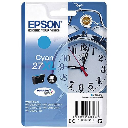 Epson Alarm Clock 27XL Cyan High Yield Inkjet Cartridge (Pack of 1) C13T27124010 C13T27124012