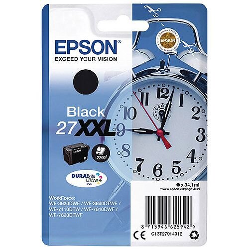 Epson Alarm Clock 27XXL Black Extra High Yield Inkjet Cartridge (Pack of 1) C13T27914010 C13T27914012