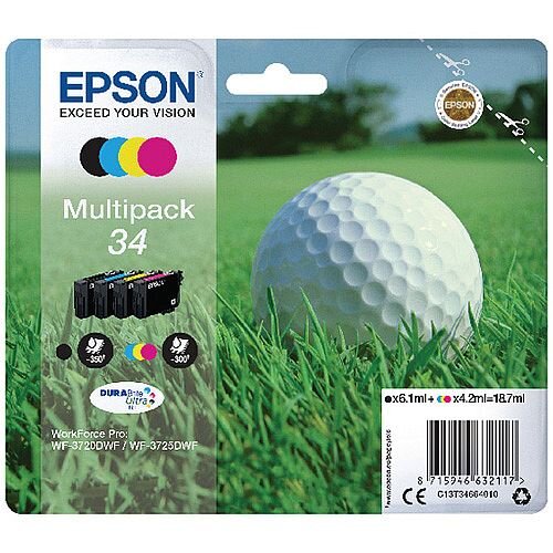 Epson Golf Ball 34 Ink Cartridges - 4 Colour DURABrite Ultra Ink - Black, Cyan, Magenta and Yellow Epson Golf Ball 34 Ink Cartridges - 4 Colour DURABrite Ultra Ink - Black, Cyan, Magenta and Yellow