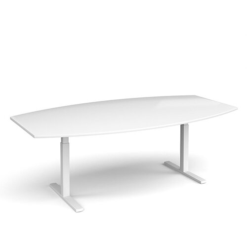 Elev8 Boat Shaped Height Adjustable Boardroom Table W2400mmxD800/1300mm With White Frame & White Top