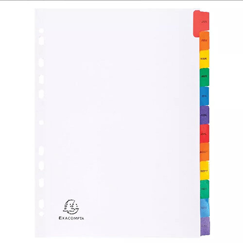 Exacompta A4 White Index Coloured Tabs 12 Part January - December 1113E