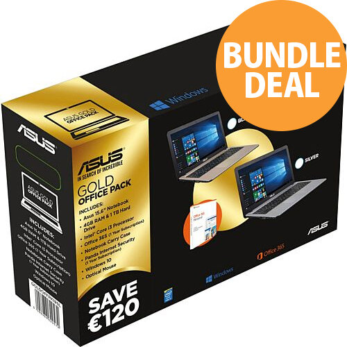 Asus Laptop Bundle, 15.6", 4GB RAM, HDD 1TB, Display 1366 x768, Windows 10 Home, Microsoft Office 365 Asus Laptop Bundle, 15.6", 4GB RAM, HDD 1TB, Display 1366 x768, Windows 10 Home, Microsoft Office 365
