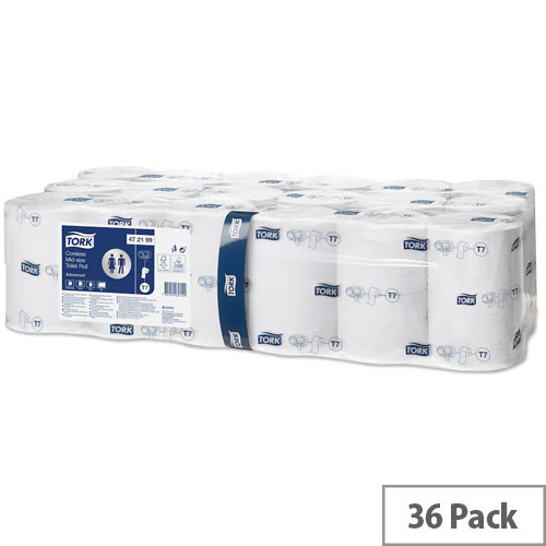 Tork Pack of 36 T7 Coreless Toilet Paper Refill Rolls 2Ply White Ref 472199 EcoFriendly Toilet Rolls for HighTraffic Washrooms