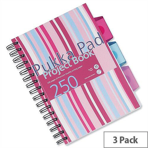 Pukka Pad A5 Wirebound Project Book 3 Divider 250 Pages Each, Assorted Colours, Pack Of 3, Durable, Polypropylene Covers, 80gsm & Ruled (PROBA5)