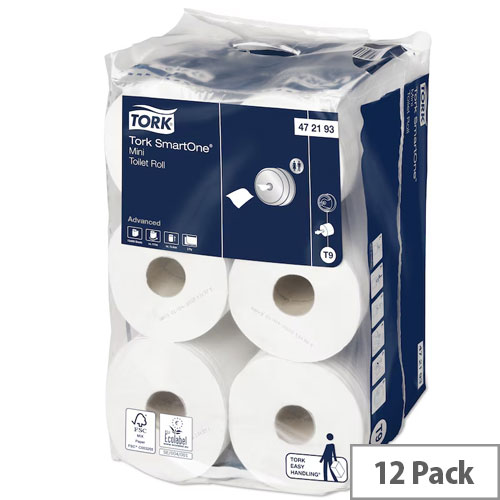 Tork Pack of 12 T9 SmartOne Mini Toilet Roll 2Ply 620 Sheets Ref 472193 Efficient and Soft Toilet Paper for Dispensers
