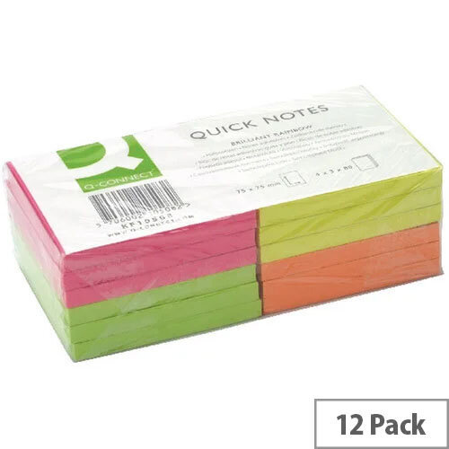 Q-Connect Quick Note Repositionable Pad 76x76mm Pack of 12 Assorted Neon