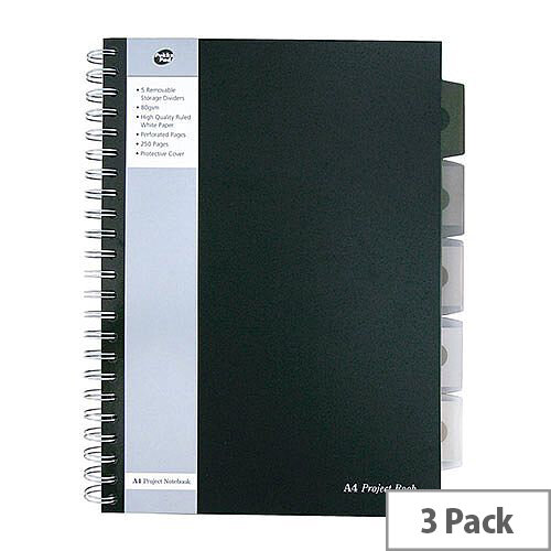 Pukka Pad Black A4 Project Book, 250 Pages (Pack of 3, Ref SBPROBA4) - Ideal for Organising Projects and Notes