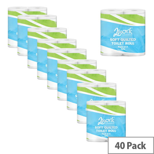 2Work Pack of 40 Luxury 3Ply Quilted Toilet Tissue Paper Rolls 170 Sheets Per Roll White TQ4PK