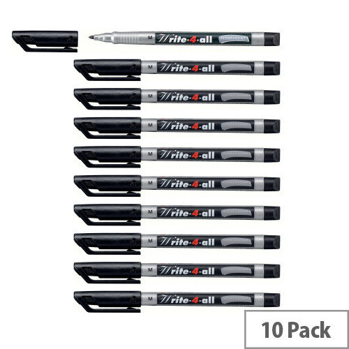 Stabilo Write-4-All Permanent Marker Pens, Medium Point, 1.0mm, Black (Pack of 10) - Reliable Markers for Multiple Surfaces