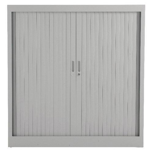 Steel Open Tambour 1050 mm H x 1050 mm W x 450 mm D in Grey, Lockable Side Opening Shutter Doors, Includes 2 Shelves, 5 Year Guarantee