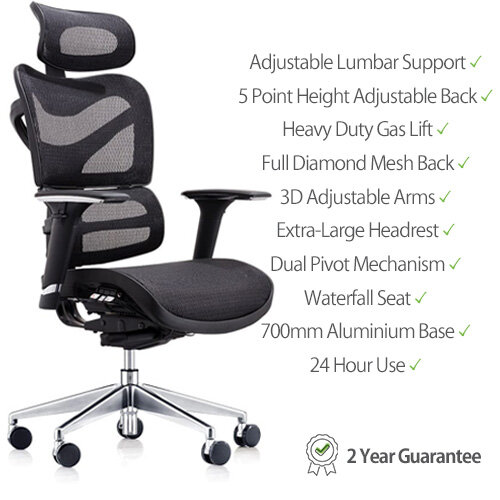 Dorsum Executive Ergonomic Mesh Posture Office Chair - Adjustable Headrest - Adjustable Lumbar Support - Modern Design - Black